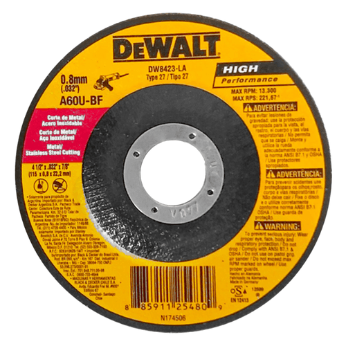 Disco Centro Deprimido 115 x 0.8 x 22 mm Acero Inoxidable y Metal Dewalt